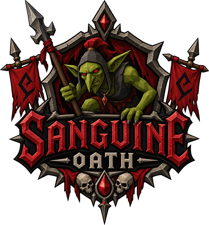 The Sanguine Oath crest: a goblin standard-bearer over a bladed shield